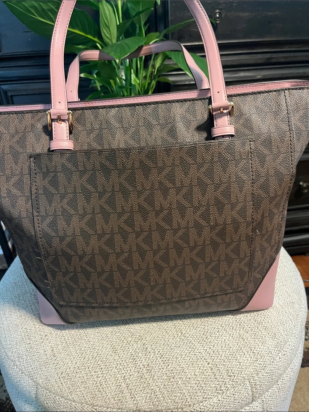 Michael Kors Brown Logo Tote with Pink Trim - Picture 3 of 5